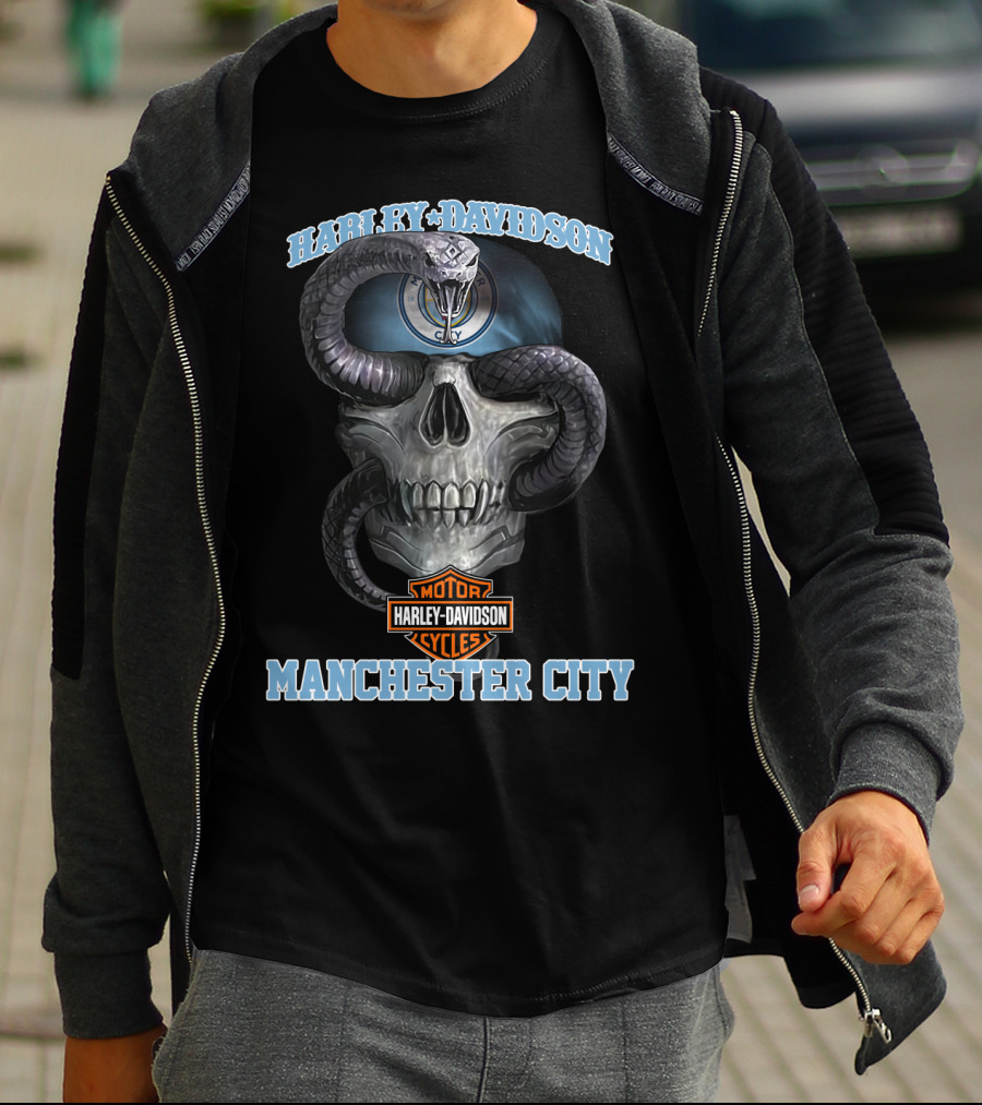 Harley Davidson Motorcycles Manchester City Skull And Snake T-Shirt