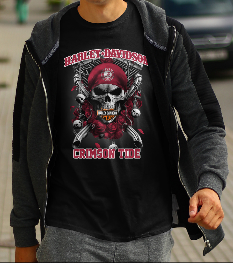 Harley Davidson Alabama Crimson Tide Skull And Roses T-Shirt