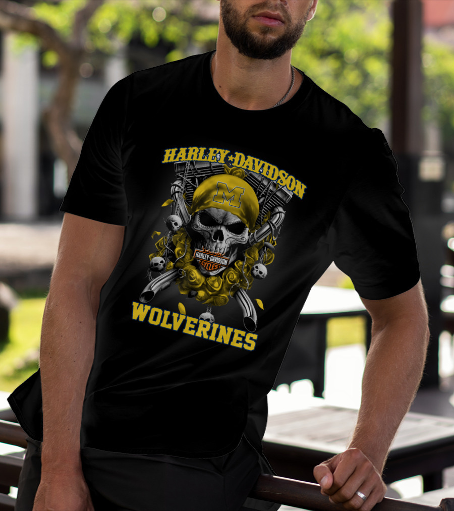 Harley Davidson Michigan Wolverines Skull Rose M Cycles T-Shirt