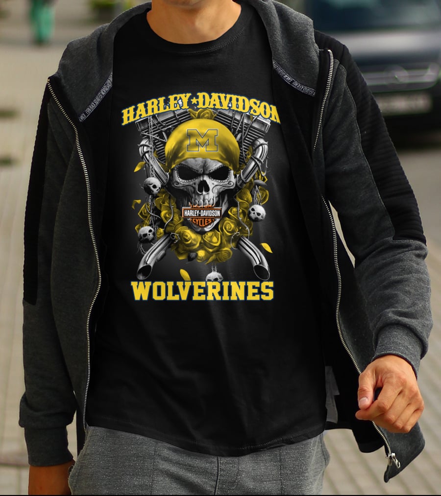 Harley Davidson Michigan Wolverines Skull Rose M Cycles T-Shirt