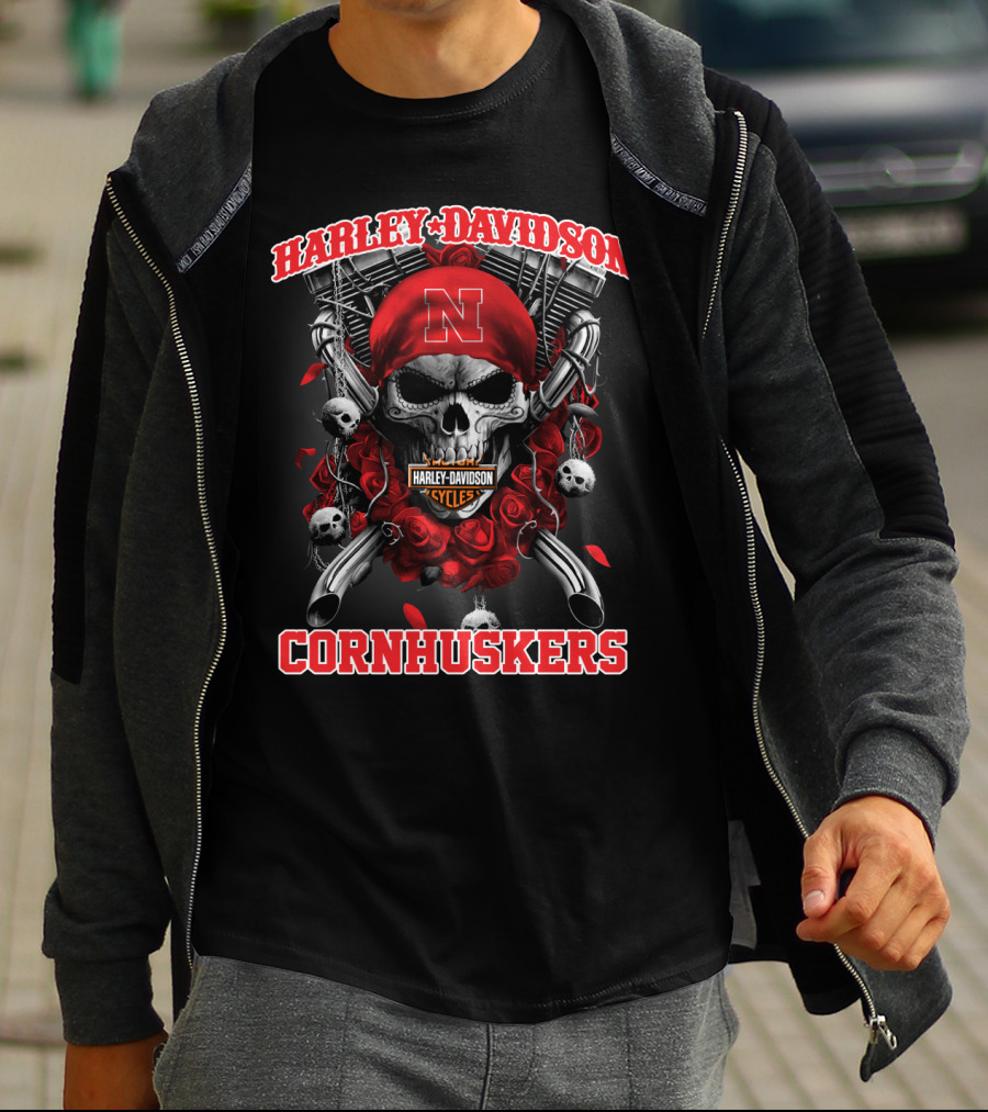Harley Davidson Nebraska Cornhuskers Skull And Roses T-Shirt
