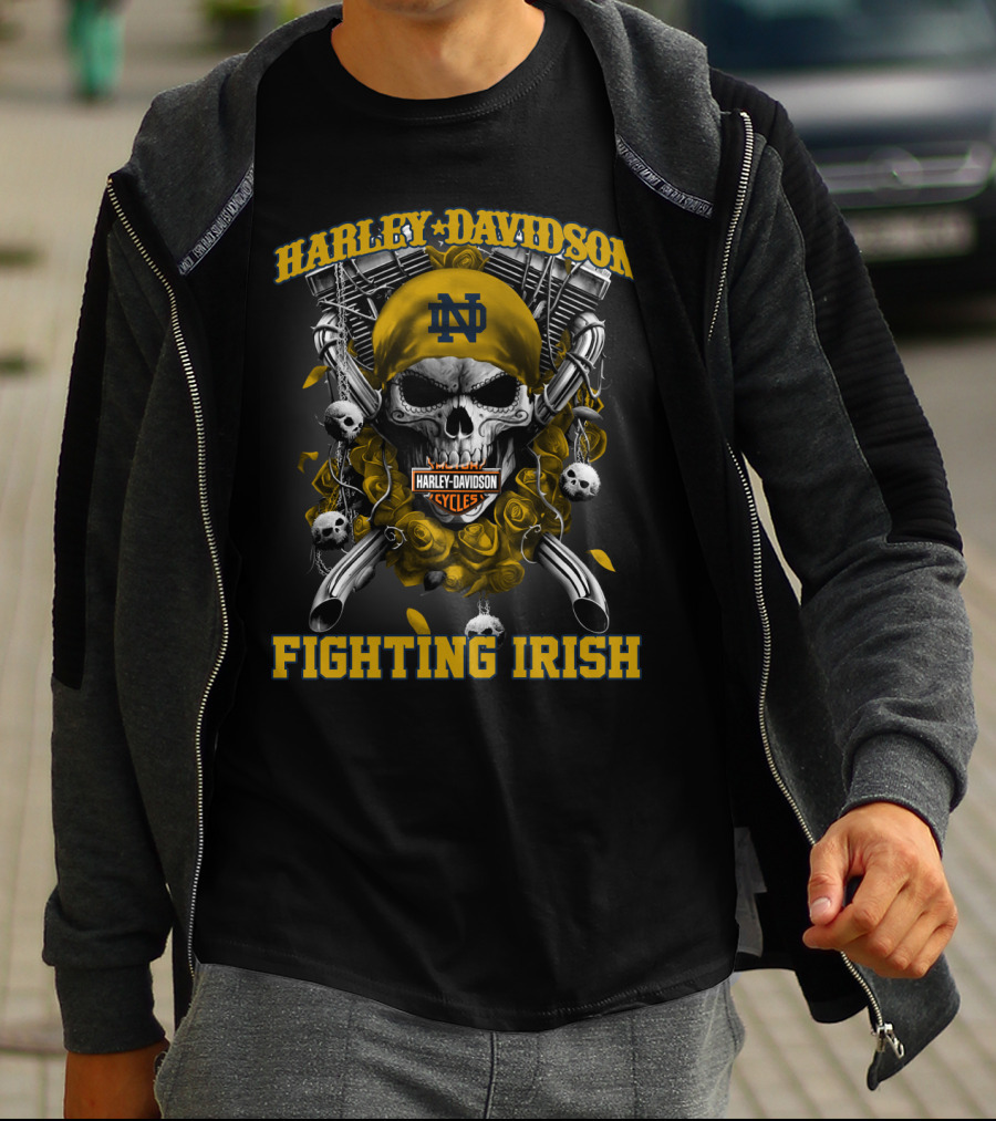 Harley Davidson Notre Dame Fighting Irish Skull And Pistons T-Shirt