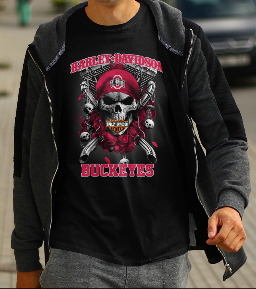 Harley Davidson Ohio State Buckeyes Skull Roses Motorcycles T-Shirt