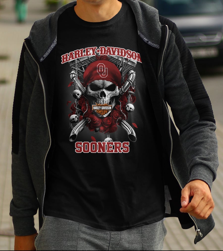 Harley Davidson Cycles Oklahoma Sooners Ou Skull Roses T-Shirt