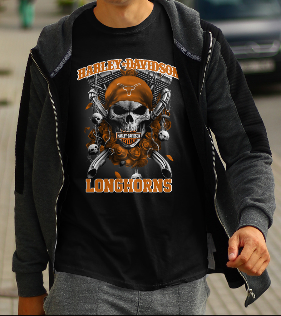 Harley Davidson Cycles Skull Orange Bandana Longhorns T-Shirt