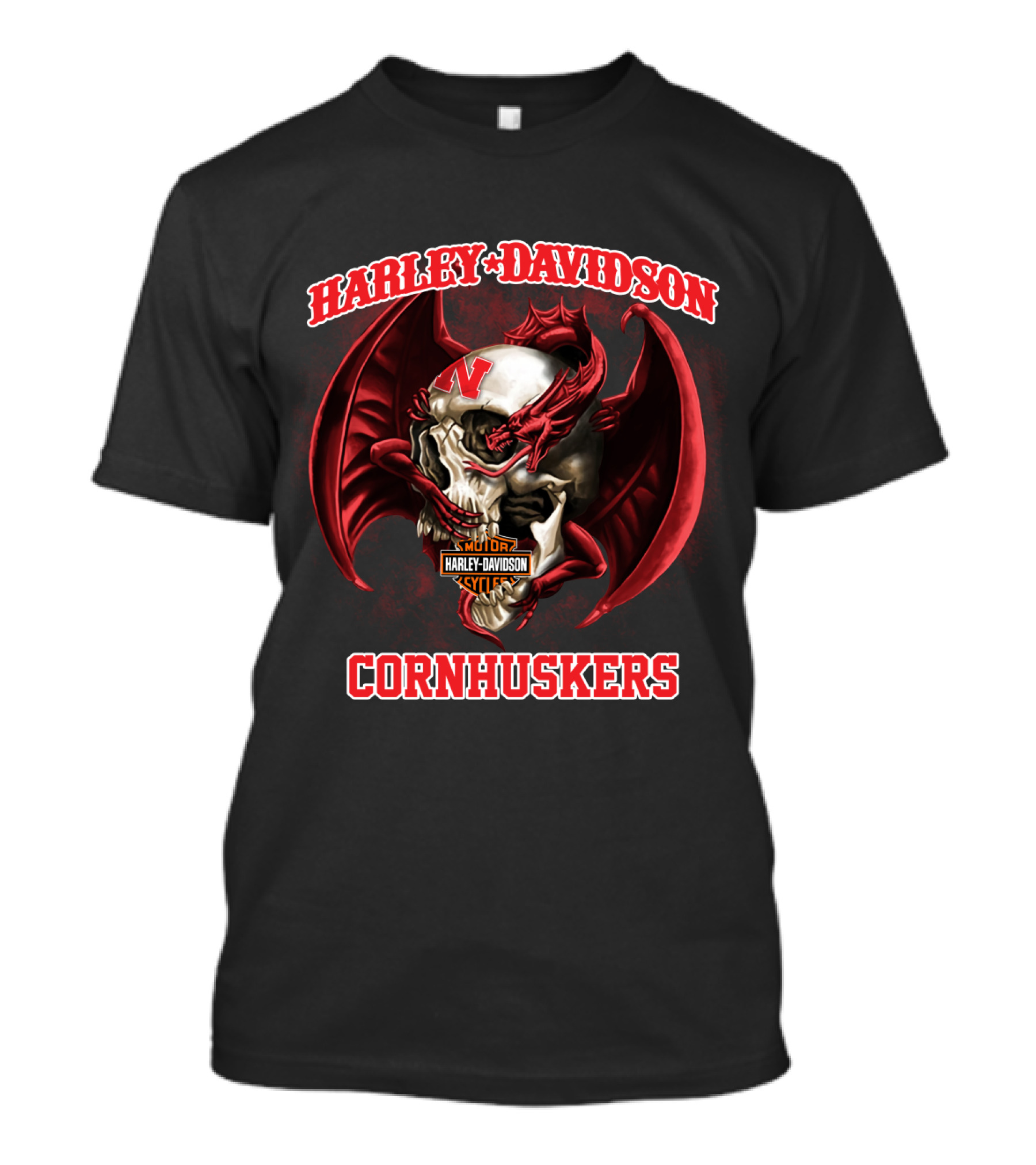Harley Davidson Cornhuskers Skull With Red Dragon Wings T-Shirt