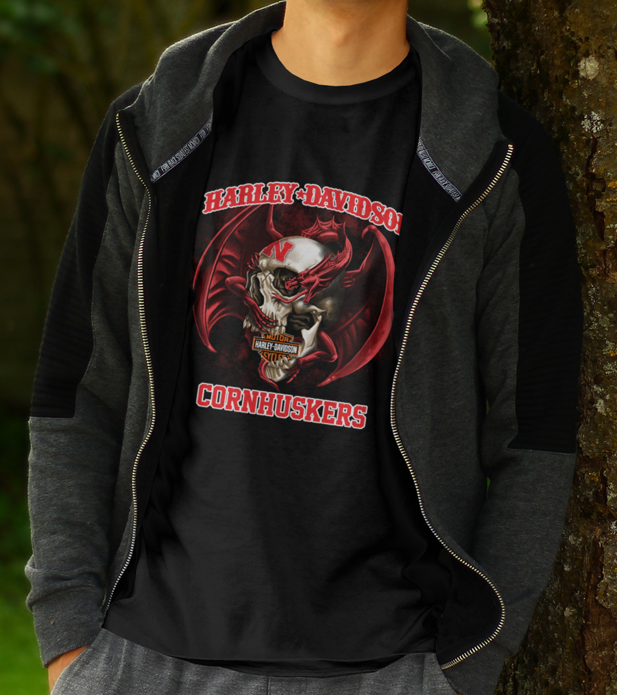 Harley Davidson Cornhuskers Skull With Red Dragon Wings T-Shirt