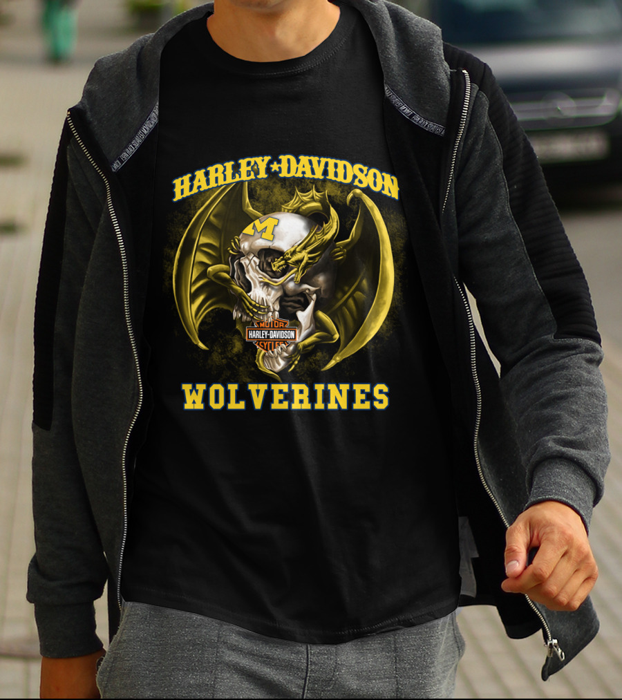 Harley Davidson Michigan Wolverines Skull With Dragon And Motor Cycles T-Shirt