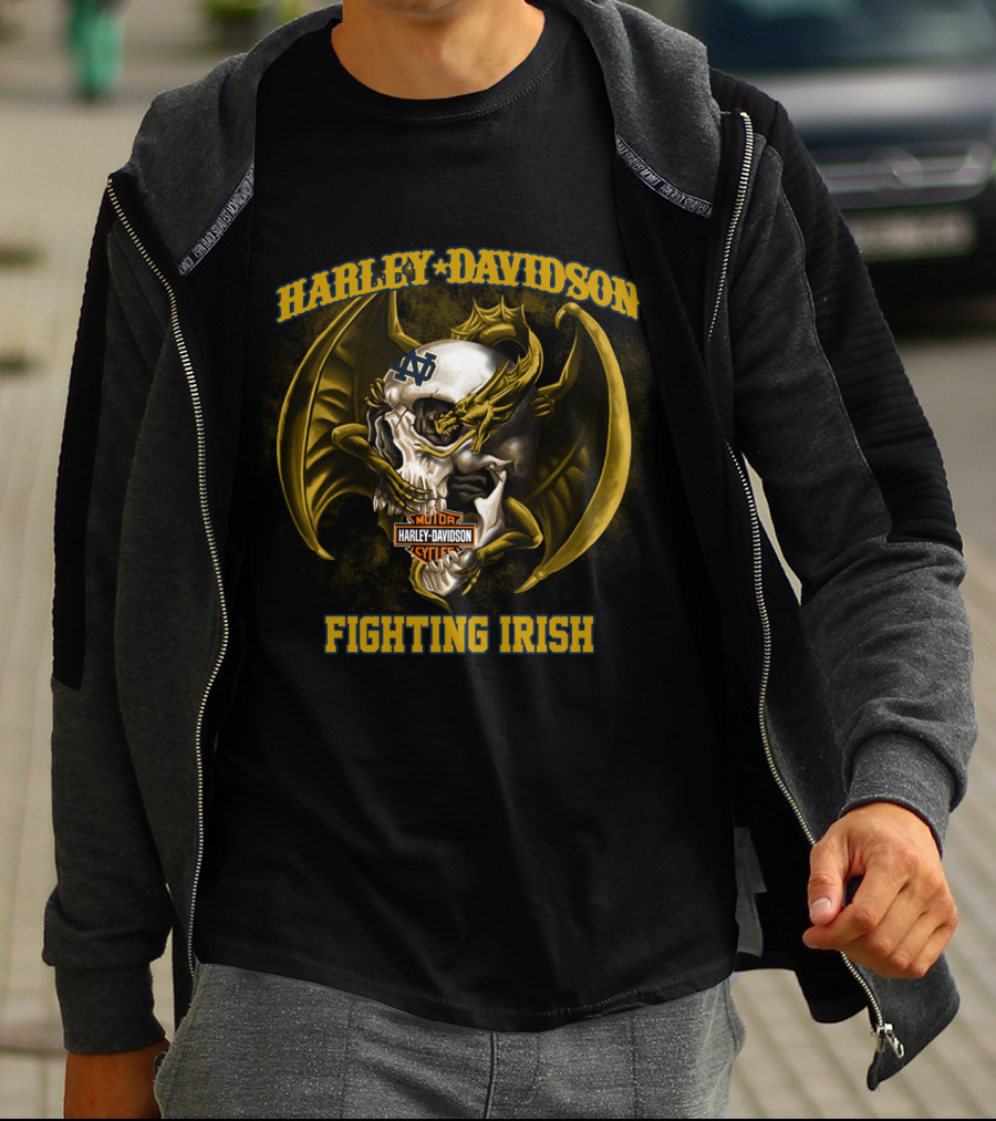 Harley Davidson Notre Dame Fighting Irish Skull And Wings T-Shirt