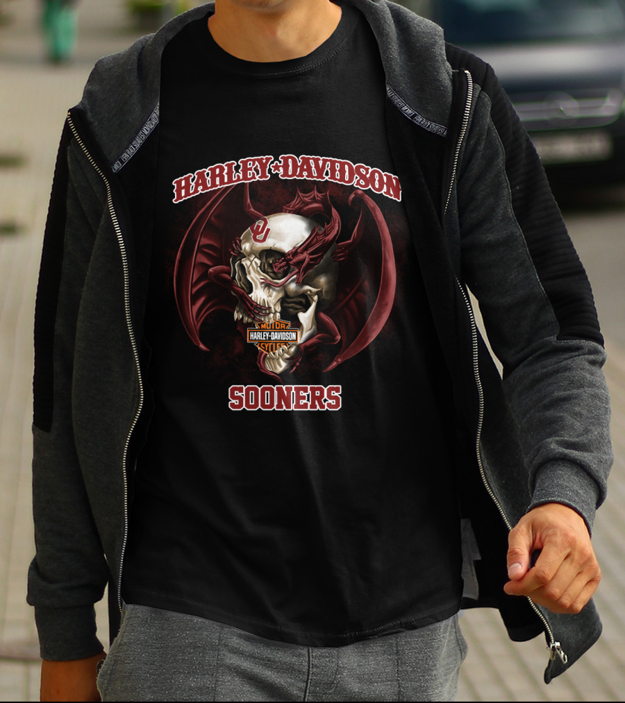 Harley Davidson Sooners Skull With Wings And Oklahoma T-Shirt