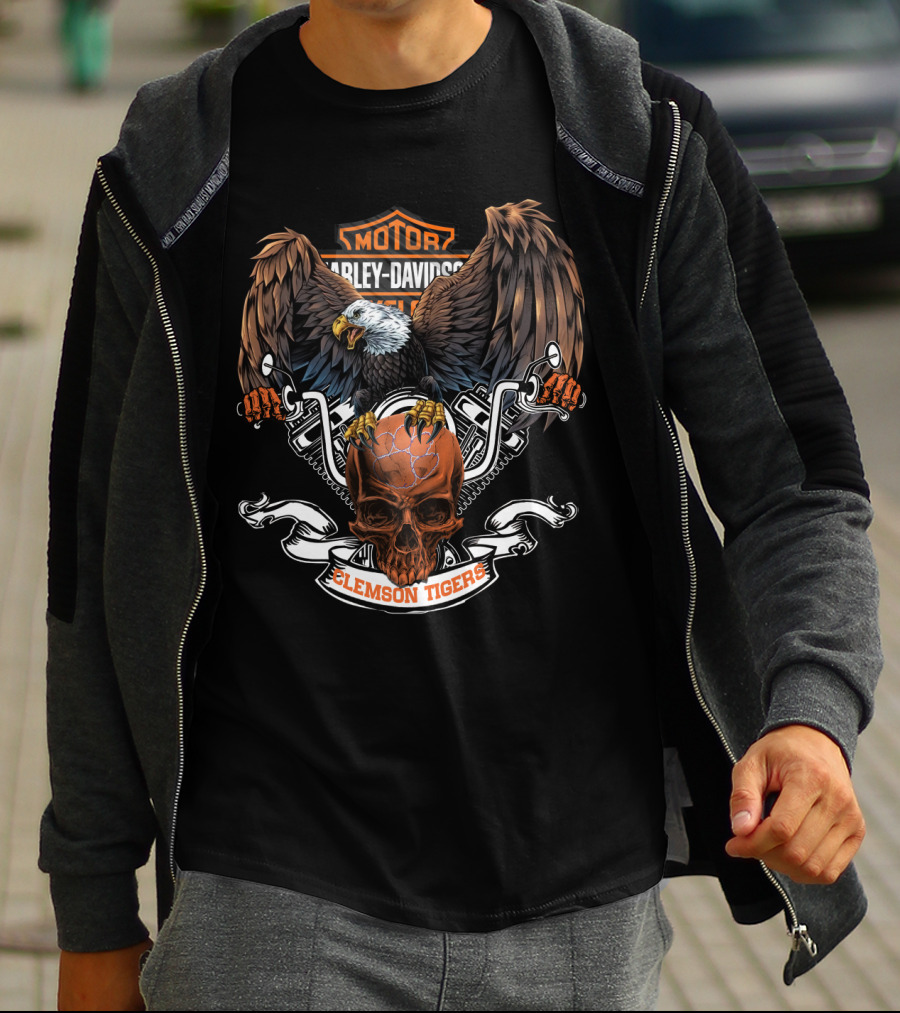 Harley Davidson Clemson Tigers Skull Eagle Motorcycle T-Shirt