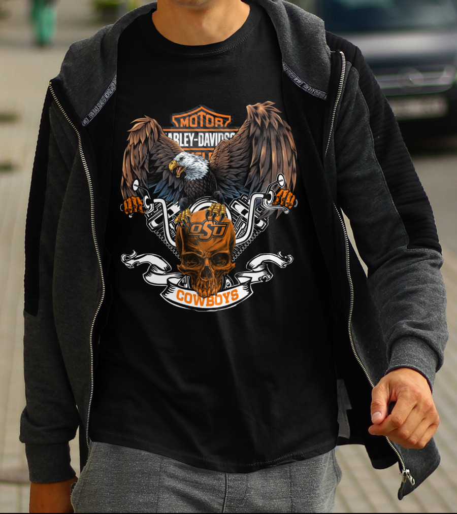 Motor Harley Davidson O-State Cowboys Eagle Skull T-Shirt