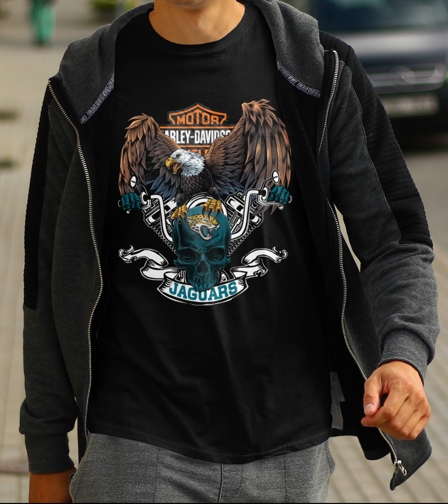 Harley Davidson Motorcycles Bald Eagle And Skull With Nfl Jacksonville Jaguars T-Shirt