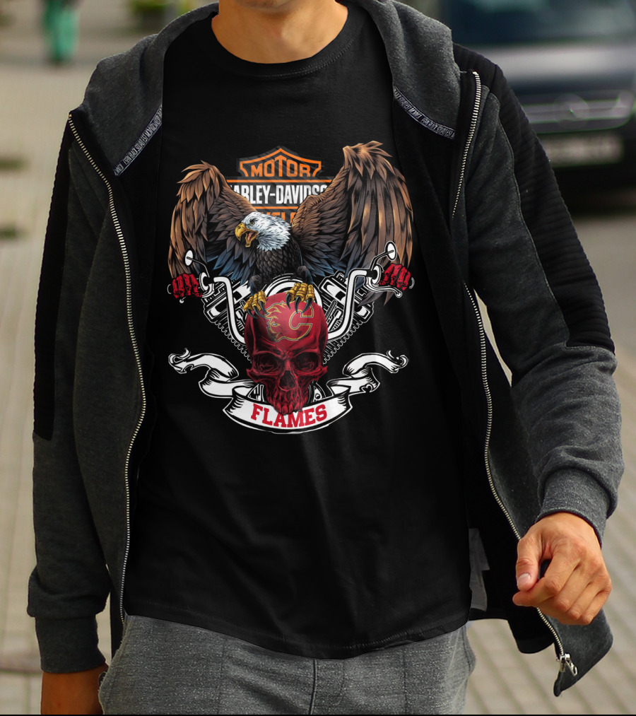 Motor Harley Davidson Cycles Nhl Calgary Flames Bald Eagle Red Skull T-Shirt