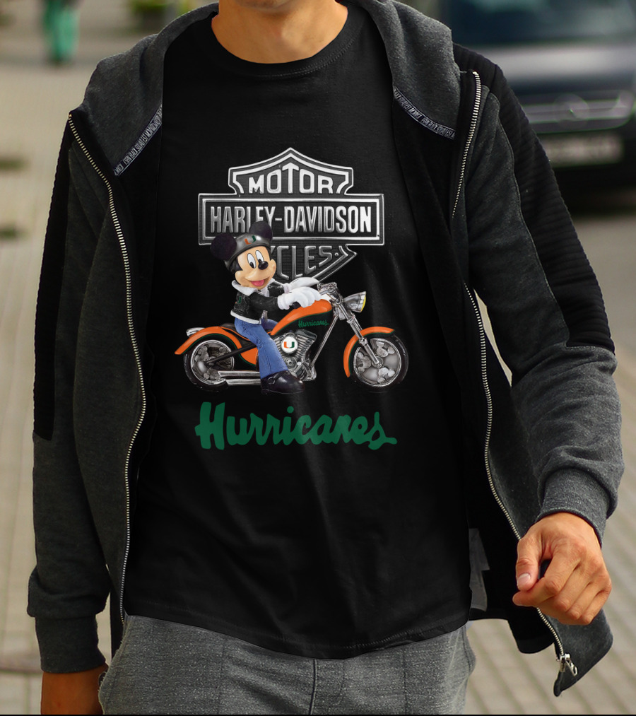 Mickey On Harley Davidson Motorcycle Miami Hurricanes T-Shirt