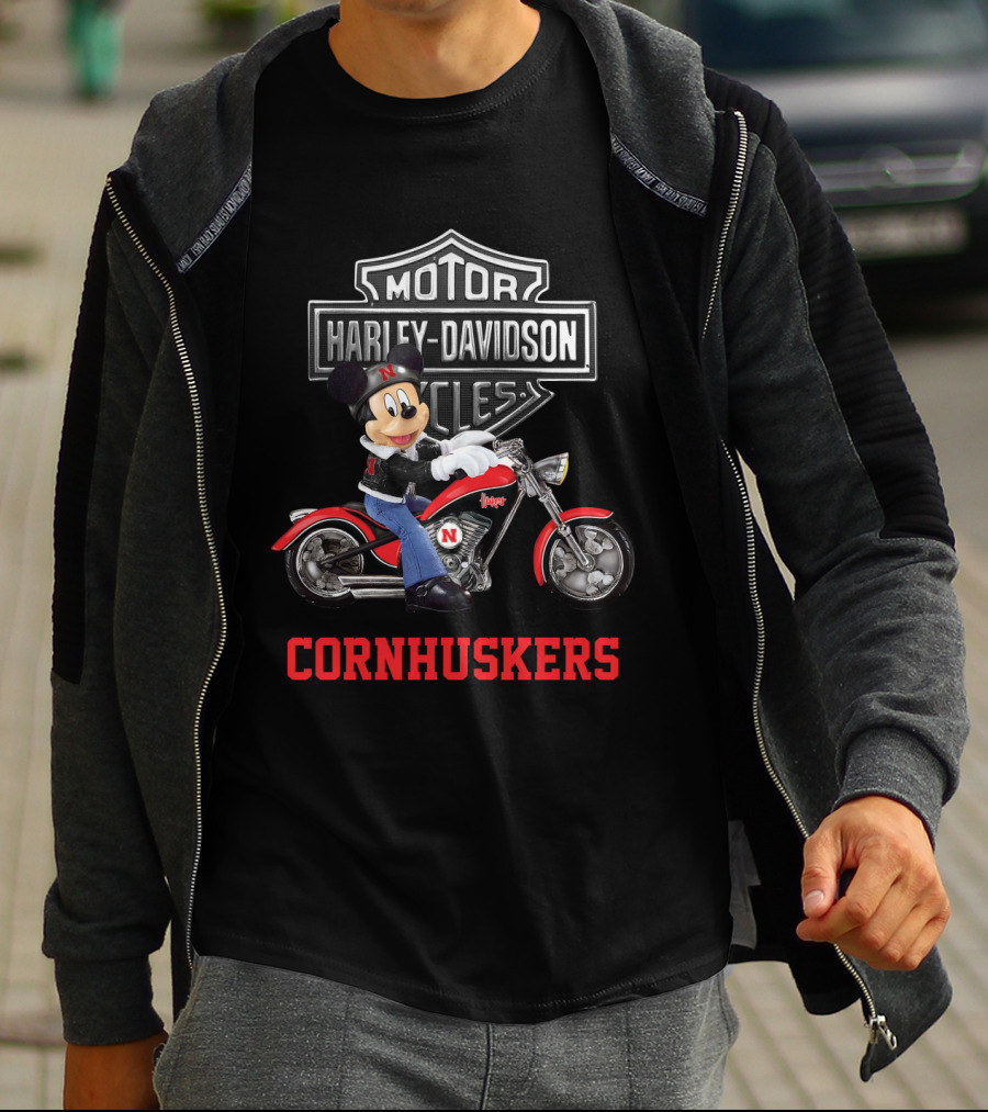 Harley Davidson Motorcycles Nebraska Cornhuskers Mickey Mouse T-Shirt