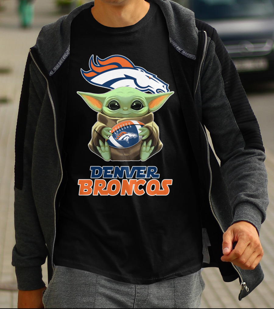Denver Broncos Grogu Holding Football T-Shirt
