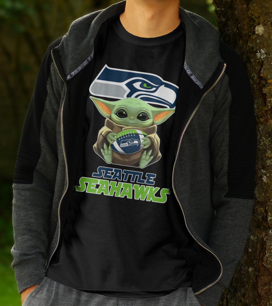 Seattle Seahawks Baby Yoda Holding Football Fan T-Shirt
