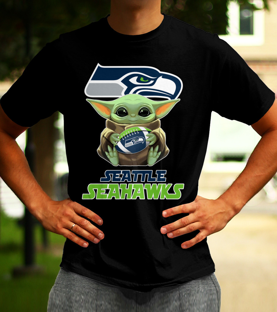 Seattle Seahawks Baby Yoda Holding Football Fan T-Shirt