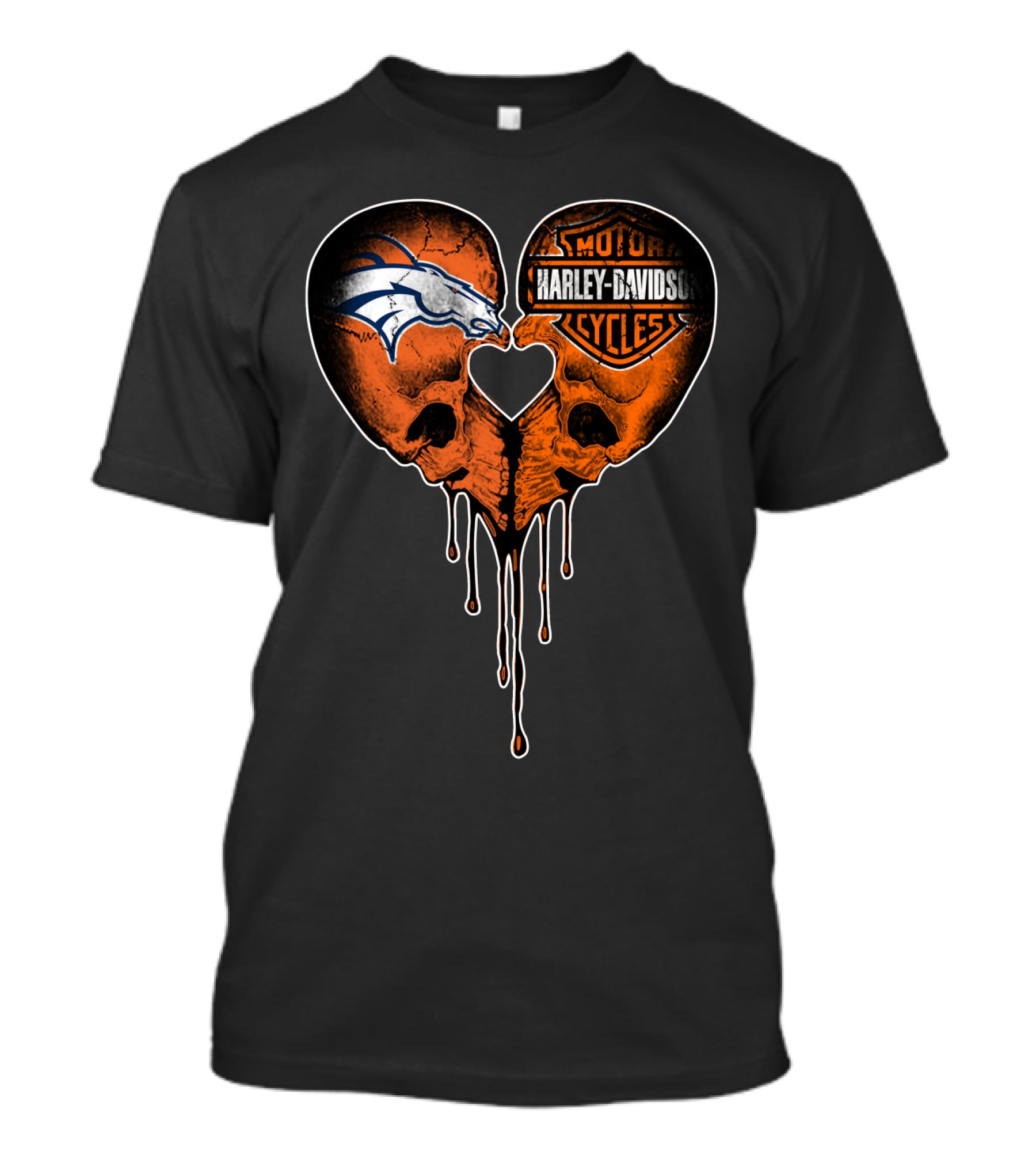 Denver Broncos Harley Davidson Dripping Skull Heart T-Shirt
