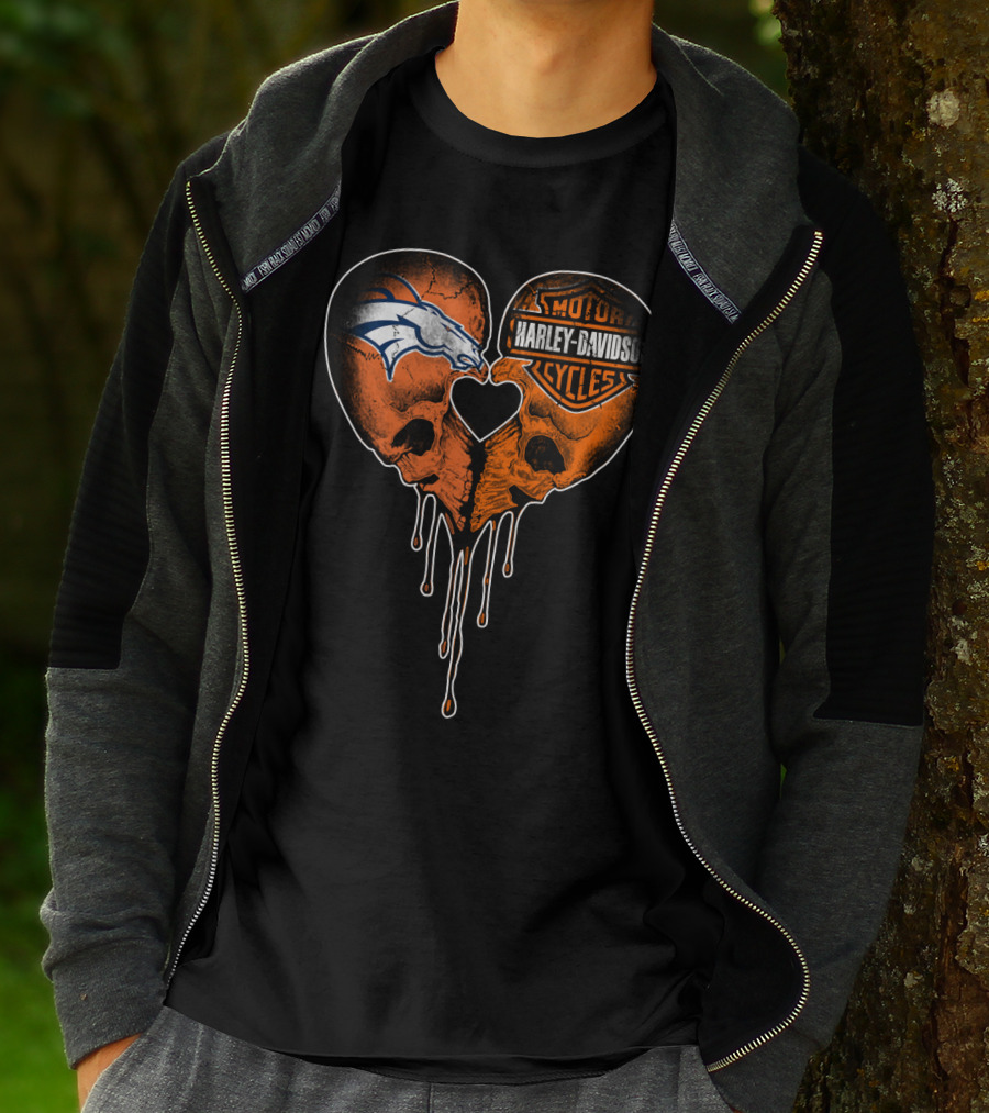 Denver Broncos Harley Davidson Dripping Skull Heart T-Shirt