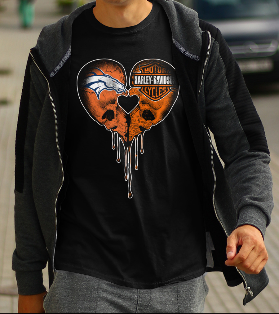 Denver Broncos Harley Davidson Dripping Skull Heart T-Shirt
