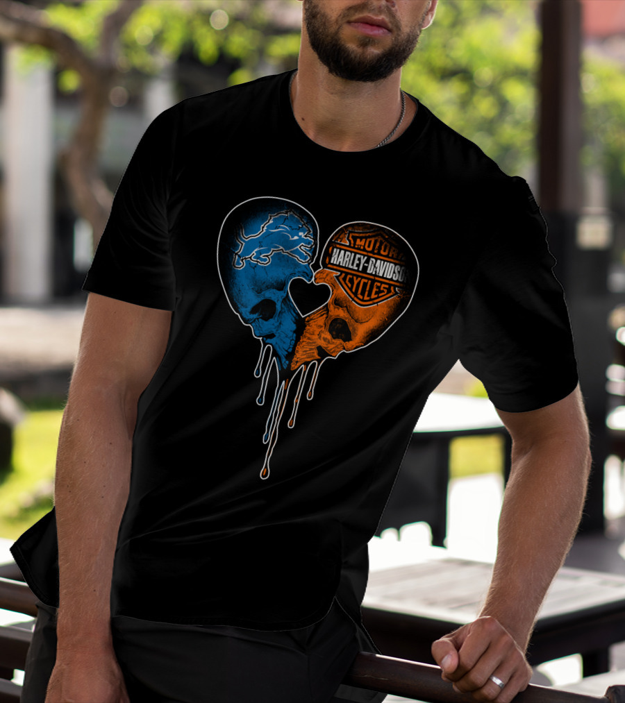 Detroit Lions And Harley Davidson Skulls Heart Fusion T-Shirt