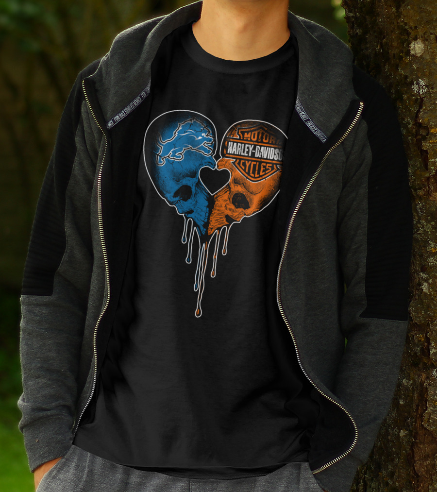 Detroit Lions And Harley Davidson Skulls Heart Fusion T-Shirt