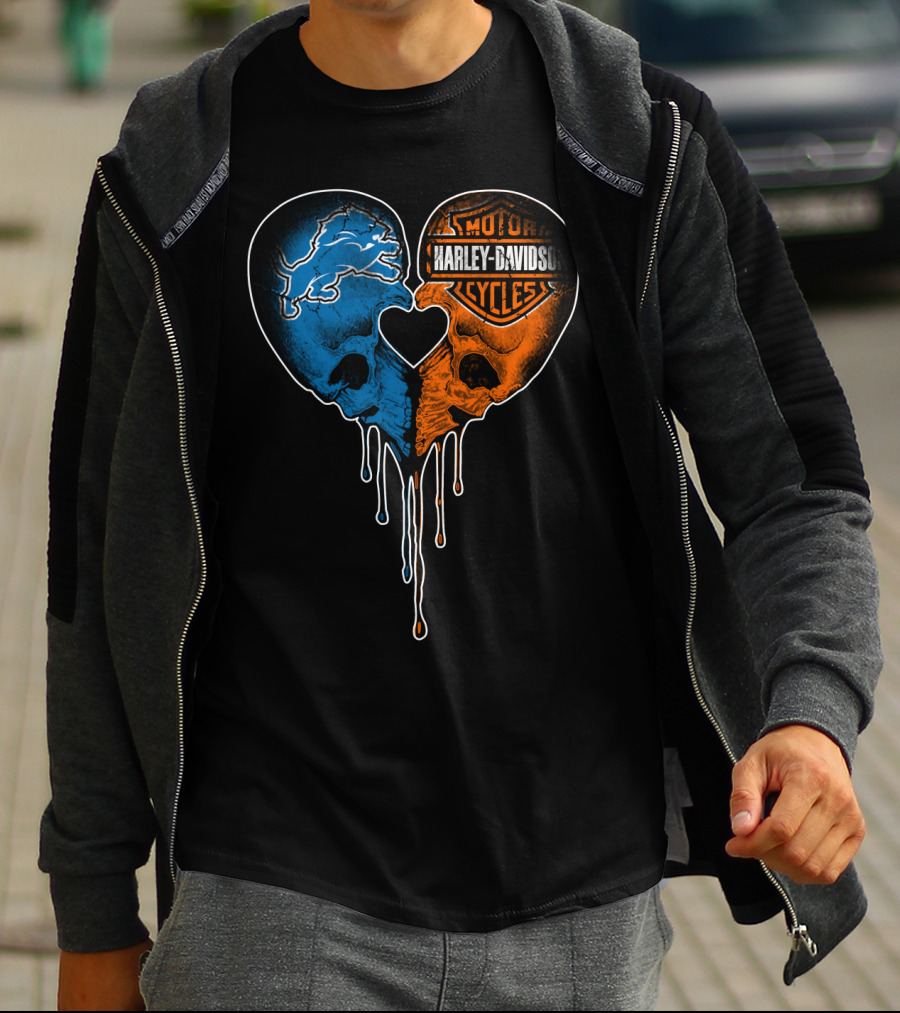 Detroit Lions And Harley Davidson Skulls Heart Fusion T-Shirt