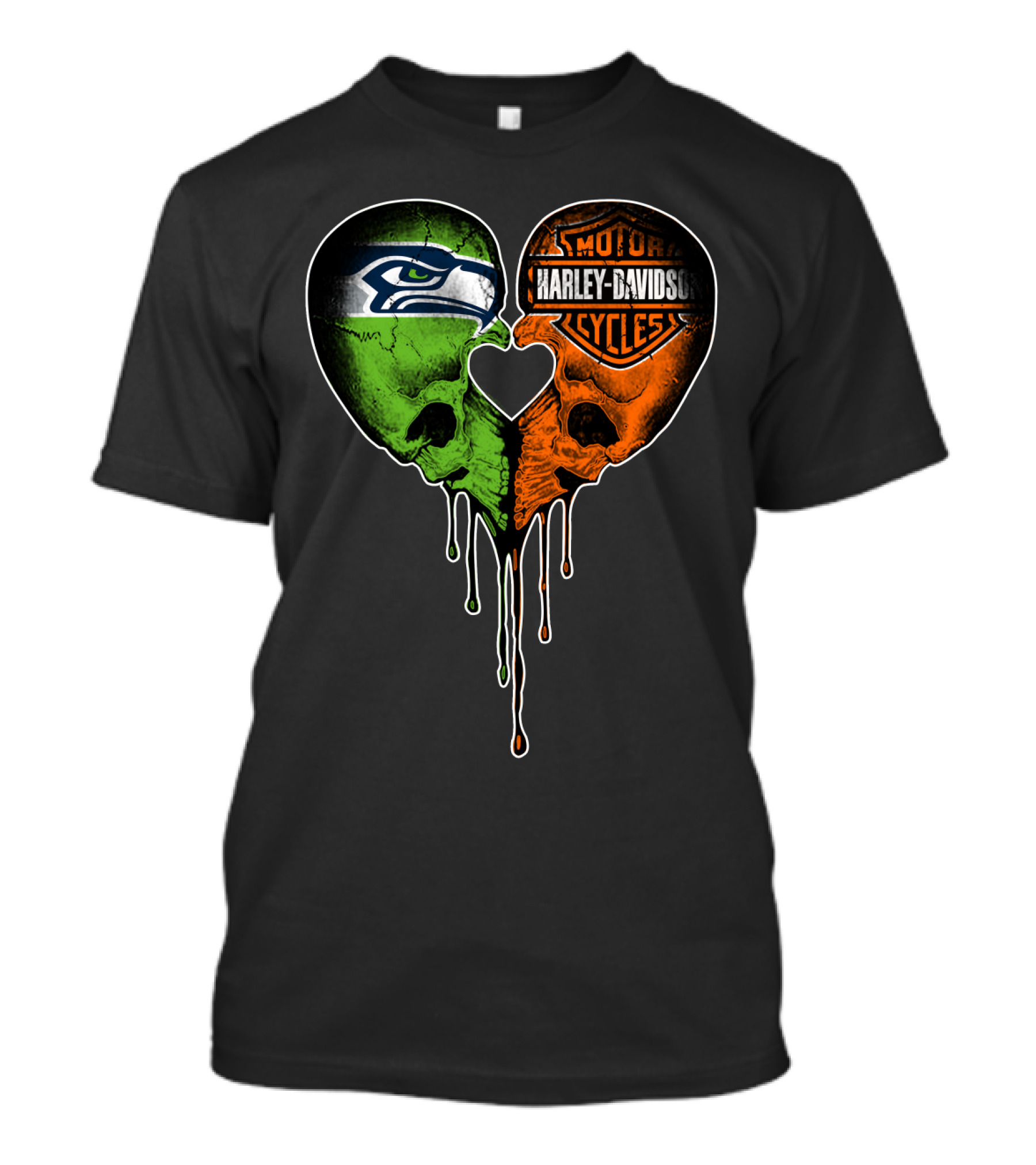 Seattle Seahawks Harley Davidson Heart Skull Drip T-Shirt