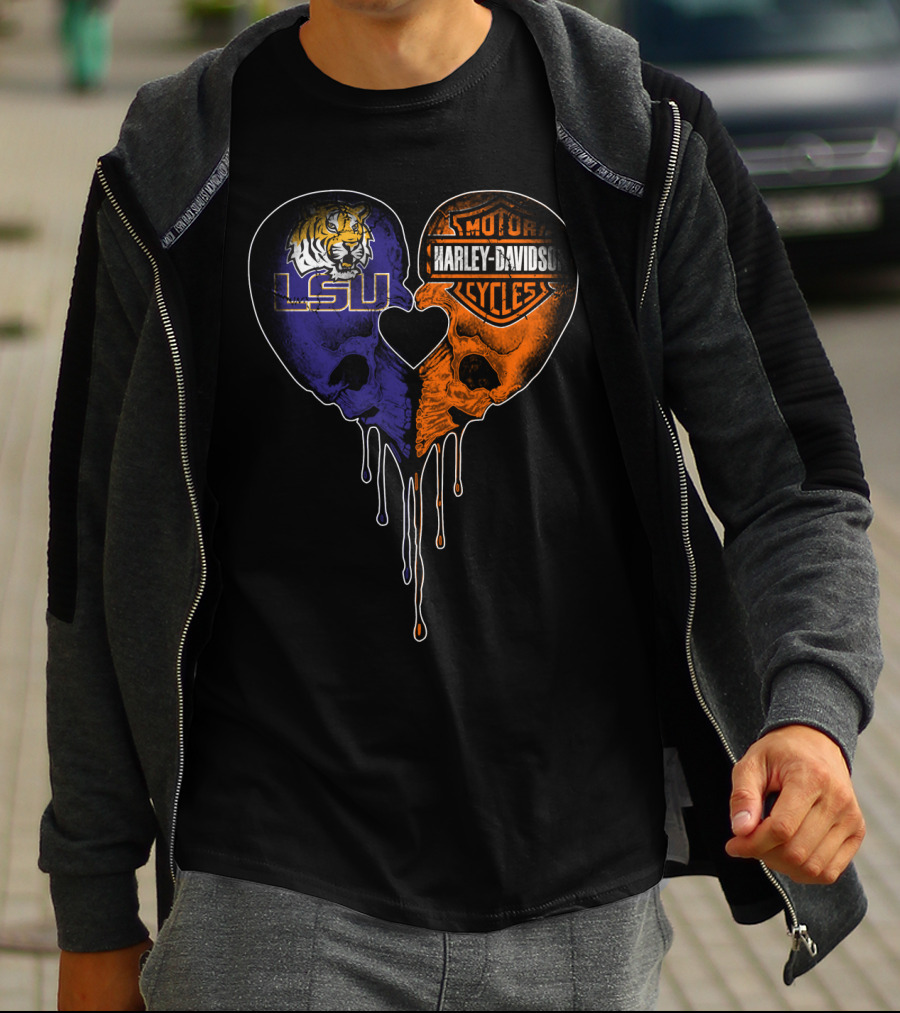 Lsu Tigers And Harley Davidson Heart Skull Fusion T-Shirt