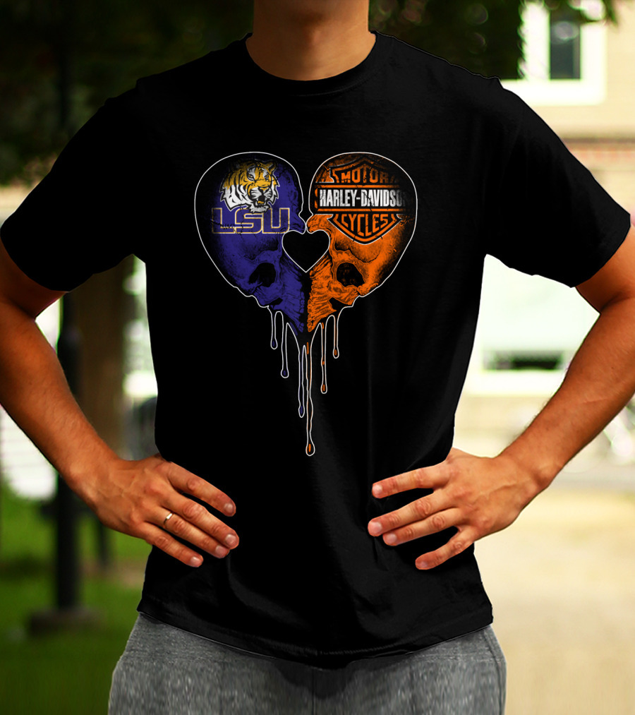 Lsu Tigers And Harley Davidson Heart Skull Fusion T-Shirt