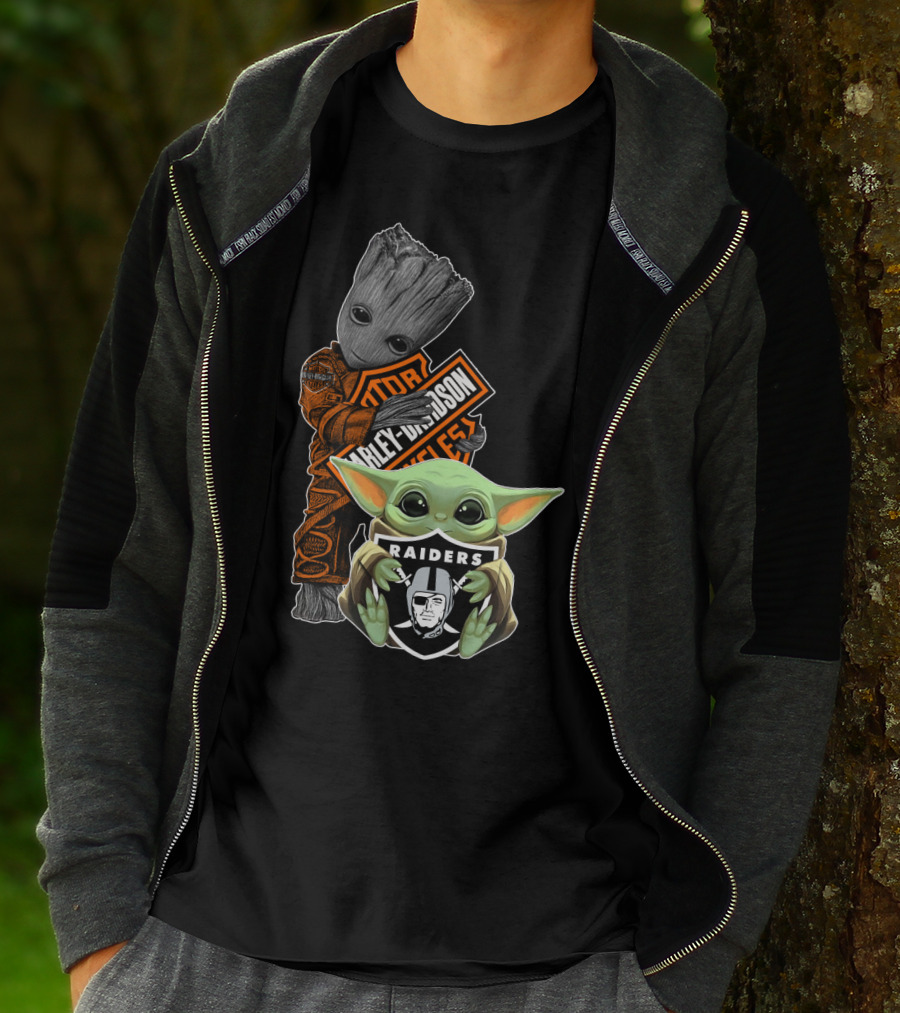 Groot Baby Yoda Harley Davidson Oakland Raiders Collaboration T-Shirt