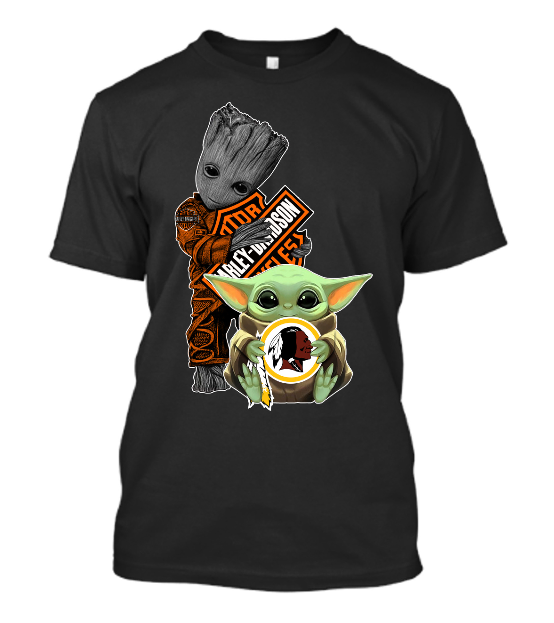 Groot Holding Harley Davidson Logo With Baby Yoda And Washington Redskins Symbol T-Shirt