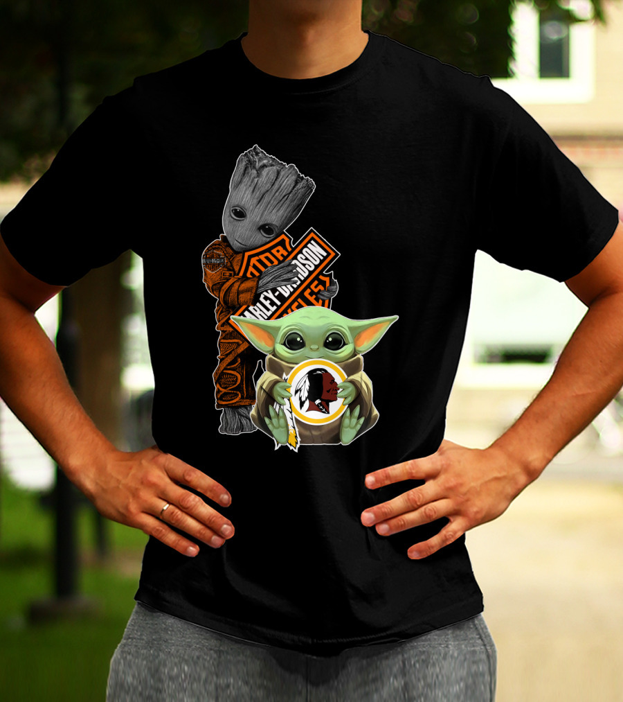 Groot Holding Harley Davidson Logo With Baby Yoda And Washington Redskins Symbol T-Shirt