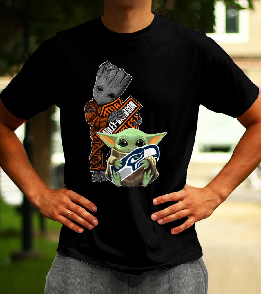 Groot Harley Davidson Seattle Seahawks Baby Yoda T-Shirt