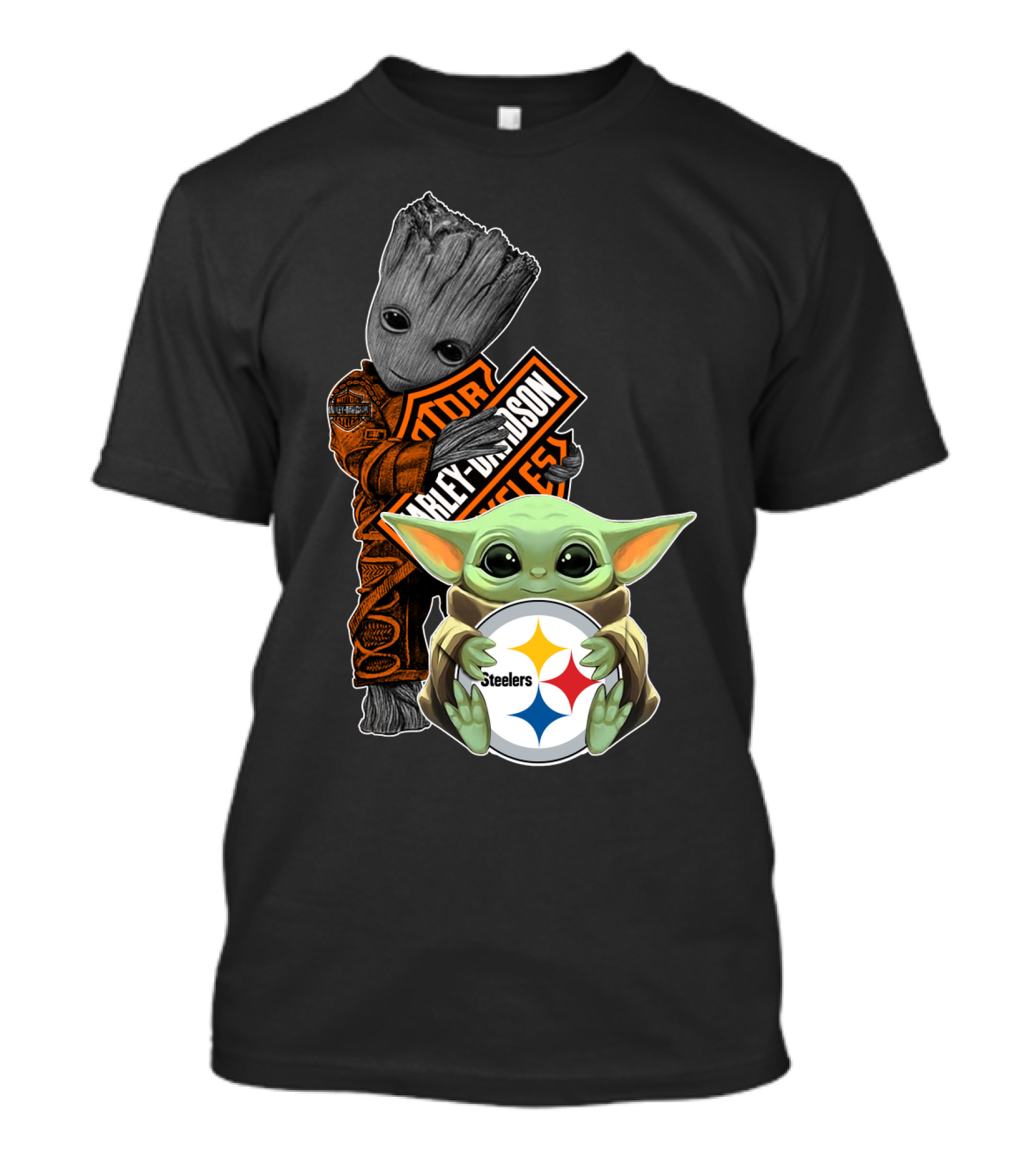 Baby Yoda And Groot Harley Davidson Steelers Crossover T-Shirt
