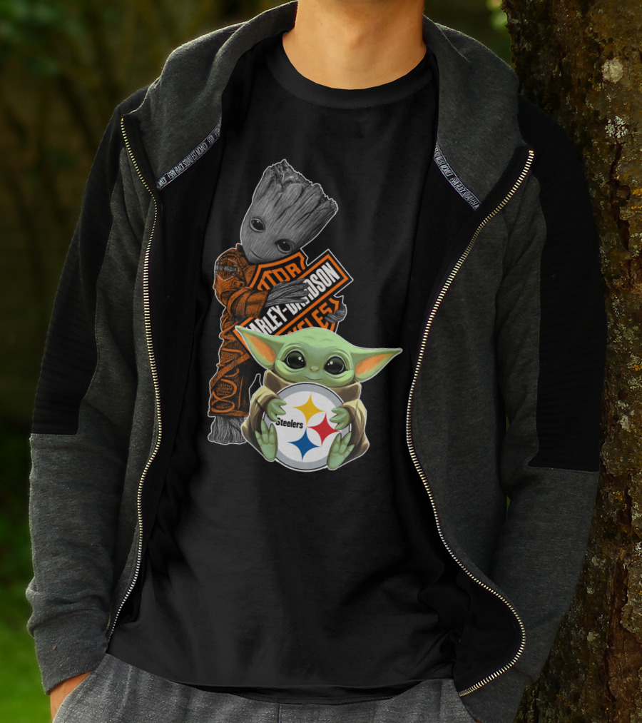 Baby Yoda And Groot Harley Davidson Steelers Crossover T-Shirt