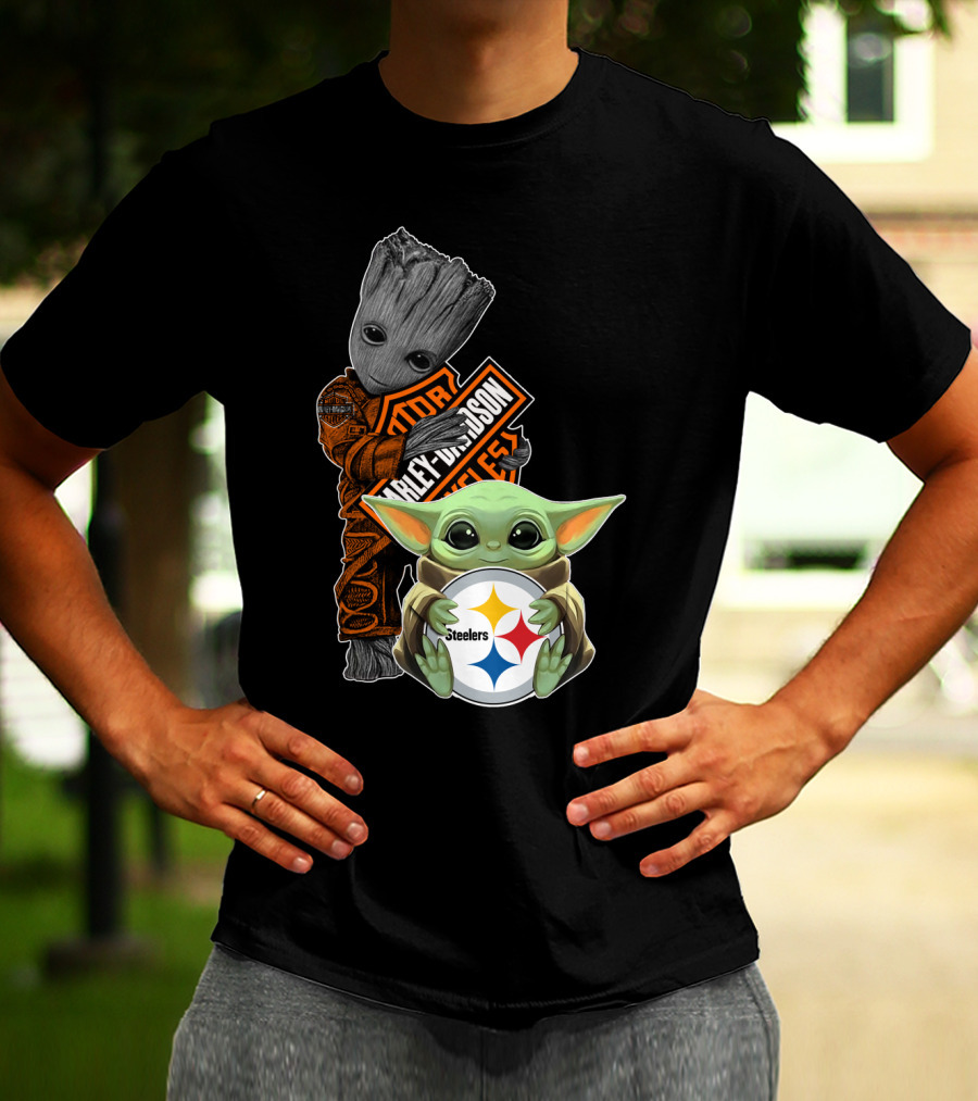 Baby Yoda And Groot Harley Davidson Steelers Crossover T-Shirt