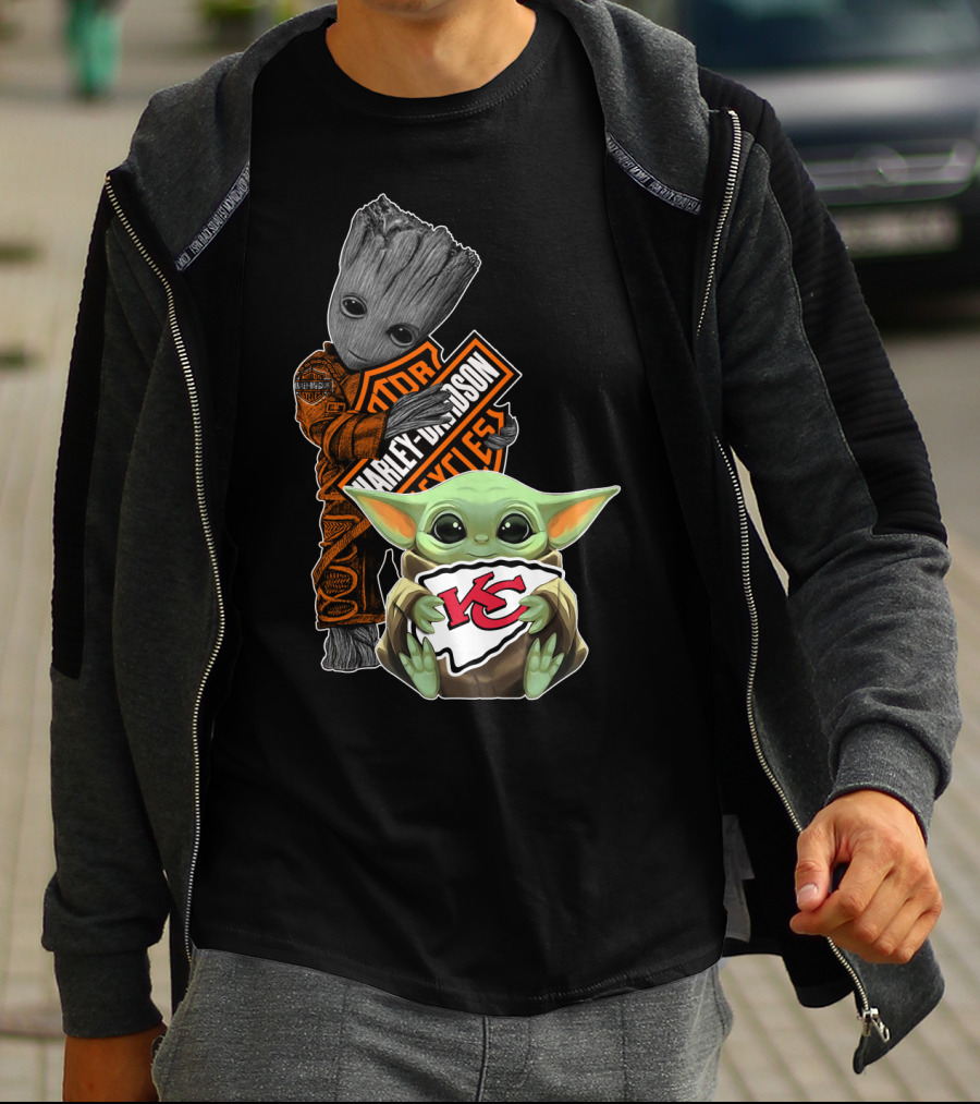 Harley Davidson Groot With Kansas City Chiefs Baby Yoda T-Shirt