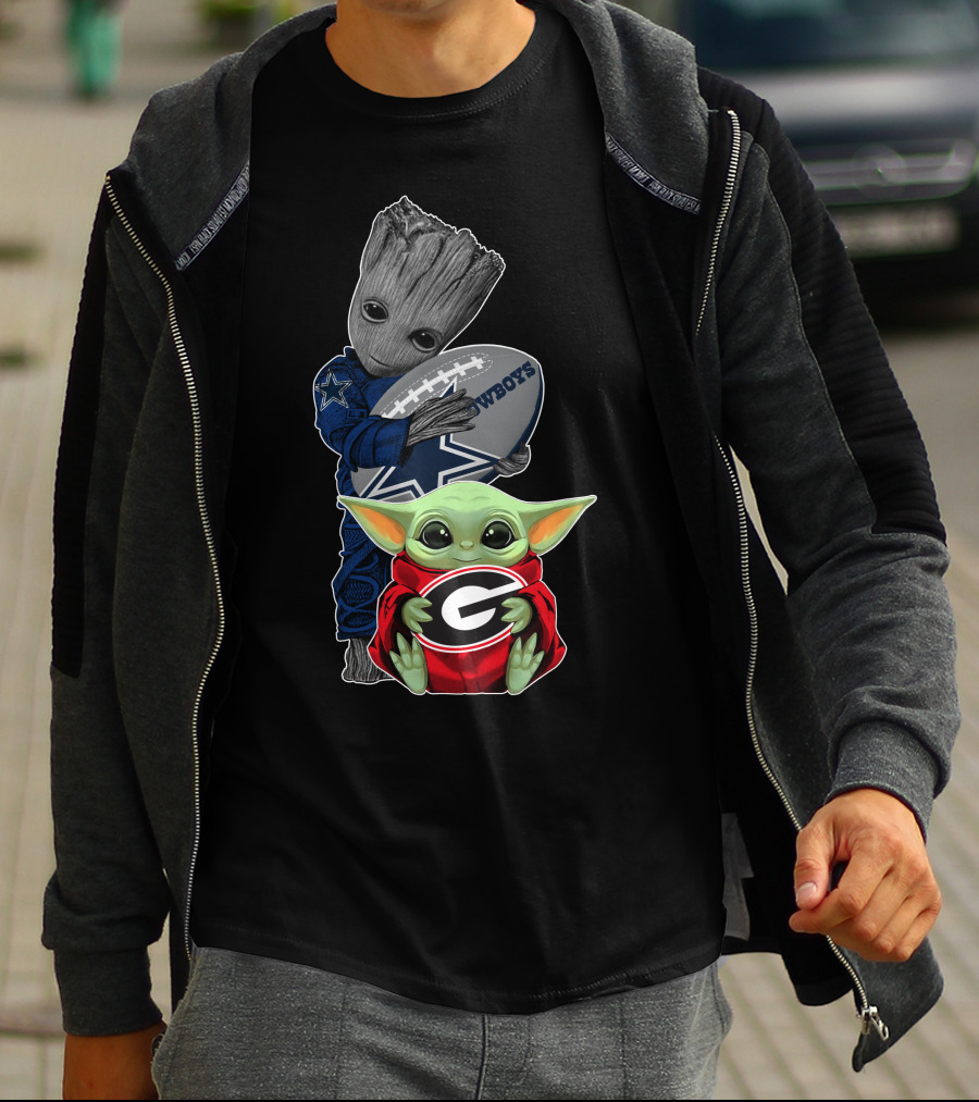 Cowboys Groot Football With Bulldogs Baby Yoda In Georgia Red T-Shirt