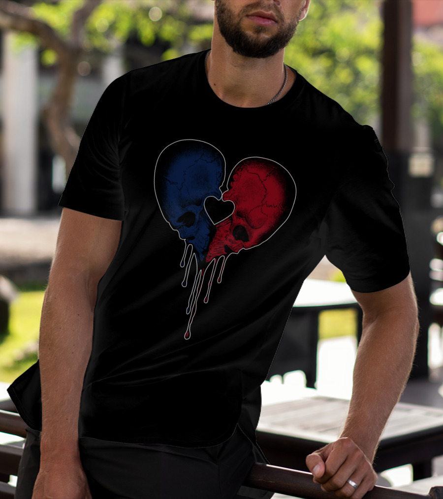 Split Red And Blue Skull Heart Dripping T-Shirt