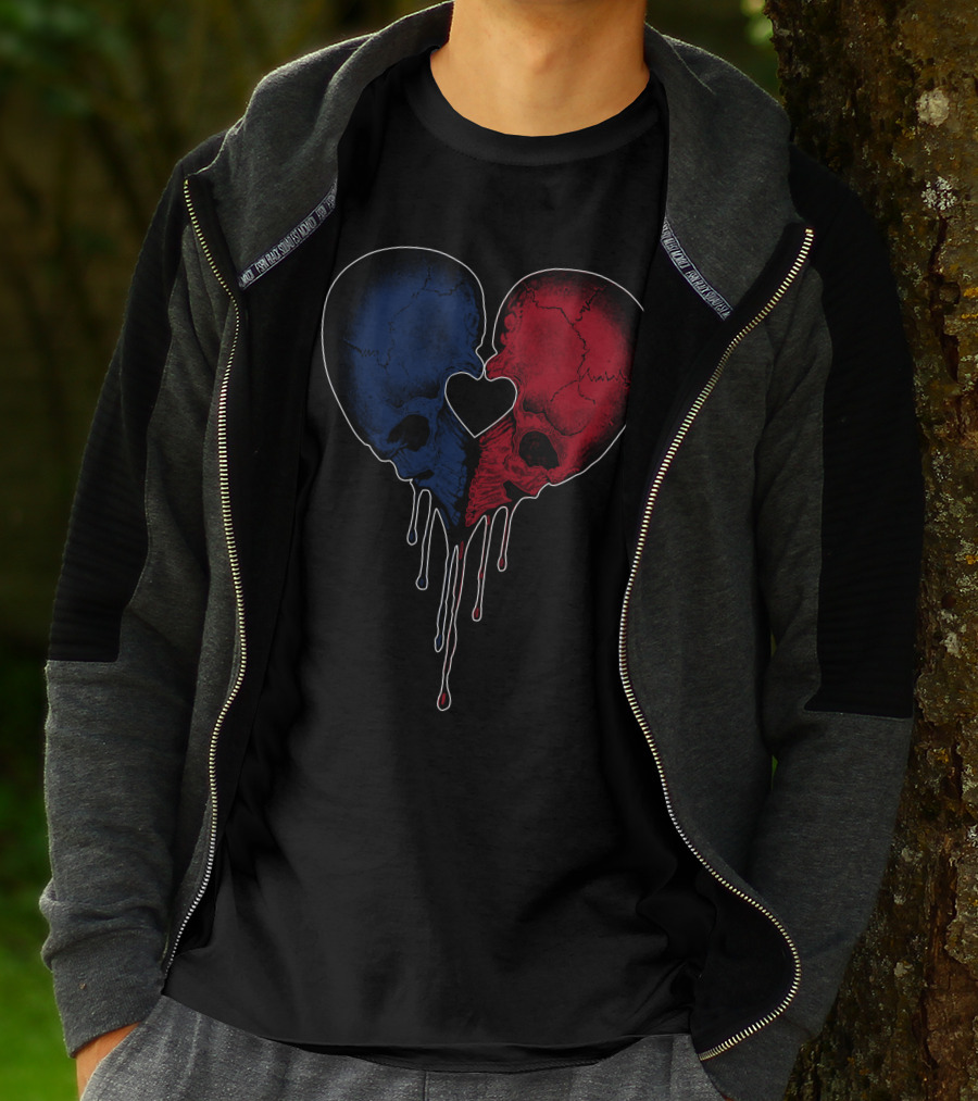 Split Red And Blue Skull Heart Dripping T-Shirt