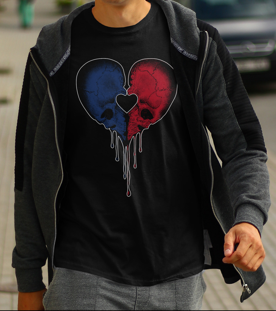 Split Red And Blue Skull Heart Dripping T-Shirt