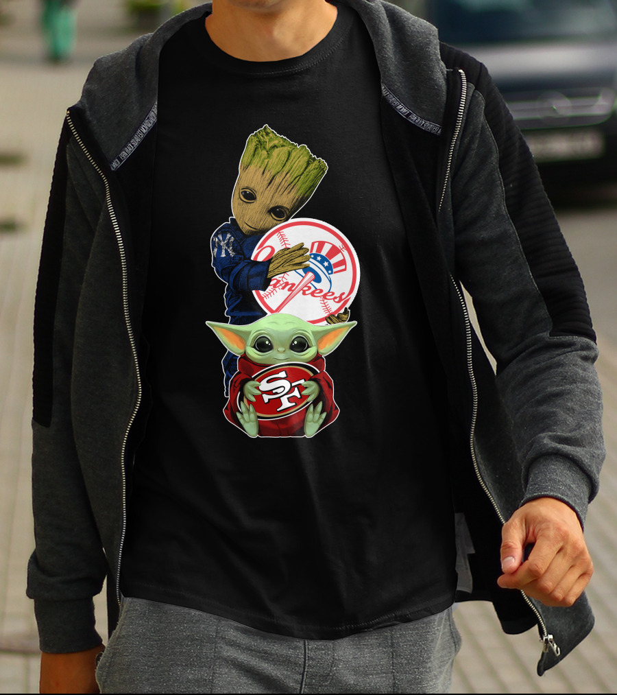 Groot Yankees Logo And Baby Yoda 49ers Sf Team Crossover T-Shirt