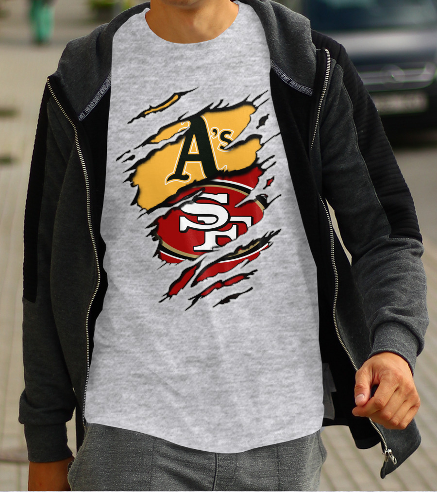 Oakland A's And San Francisco 49ers Torn Layered Logo Fusion T-Shirt
