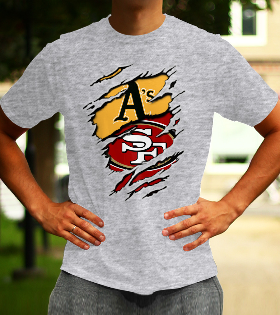 Oakland A's And San Francisco 49ers Torn Layered Logo Fusion T-Shirt