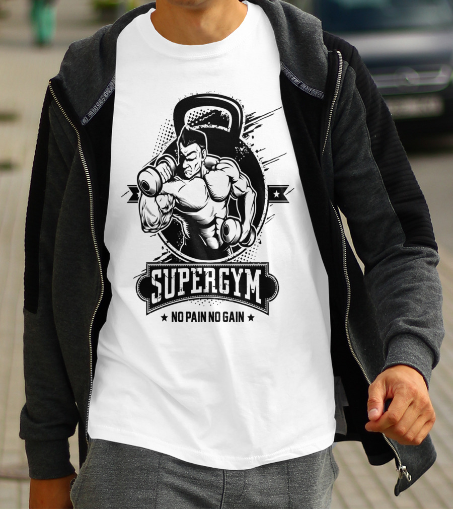 Supergym No Pain No Gain Bodybuilder Kettlebell Workout T-Shirt