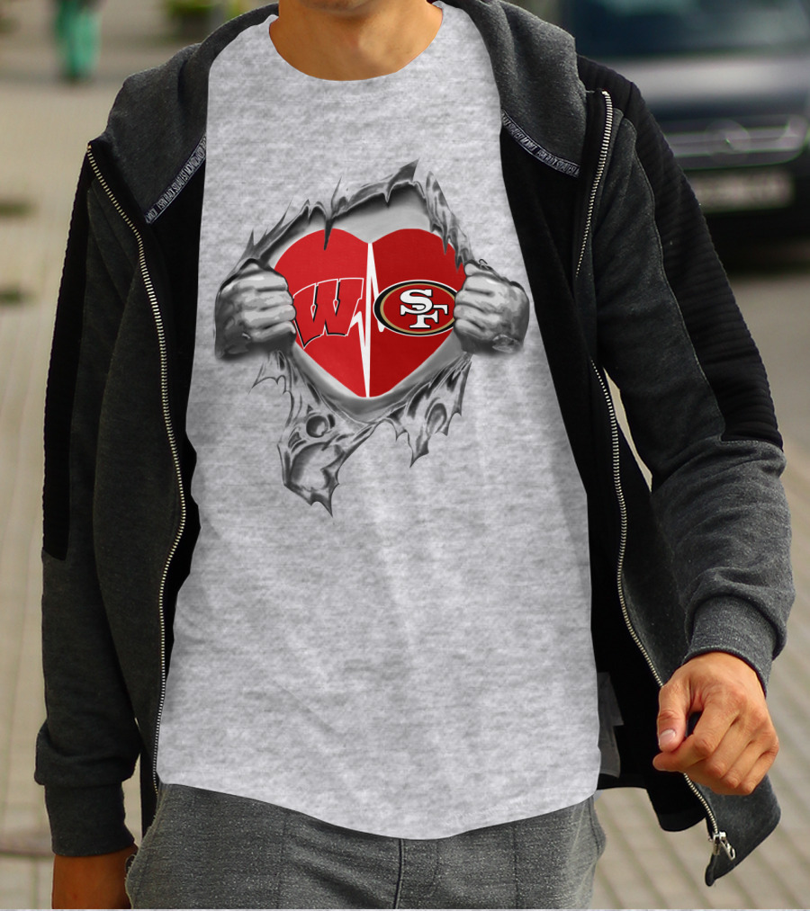 San Francisco 49ers Wisconsin Badgers Heart Logo Fusion T-Shirt