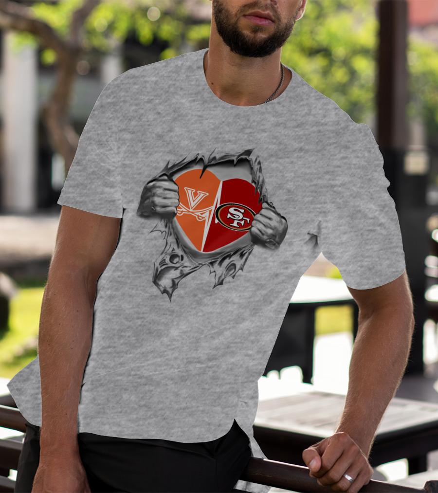 49Ers Cavaliers Heart With San Francisco And Virginia Logos Peeking Through Ripped Fabric T-Shirt